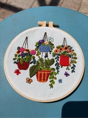 Hand-Embroidered 5” Hanging Planter Art in Red, Green, Blue